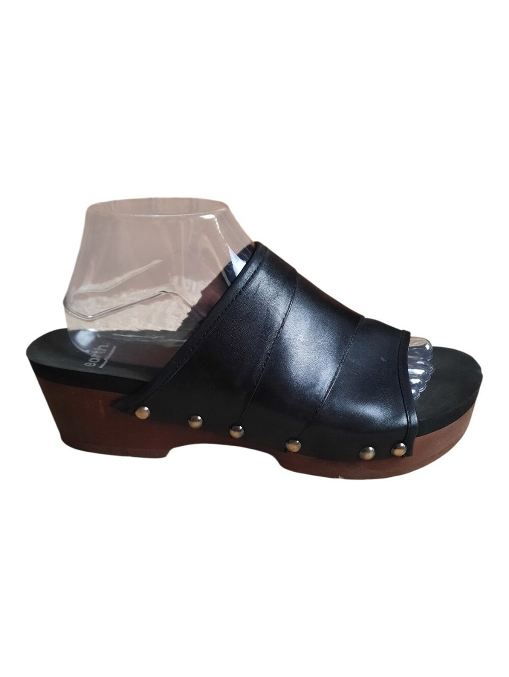 Earth Pine Tiga Black Calf Leather Studded Wood Platform Slide Sandals Size 9